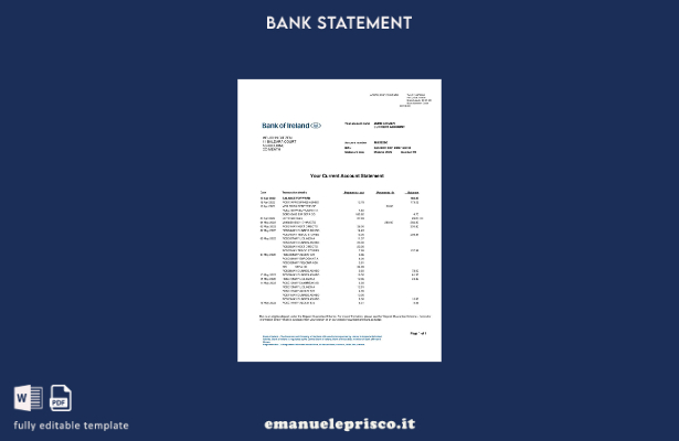 modello di pagine di parole dell'estratto conto della Banca d'Irlanda in stile v
